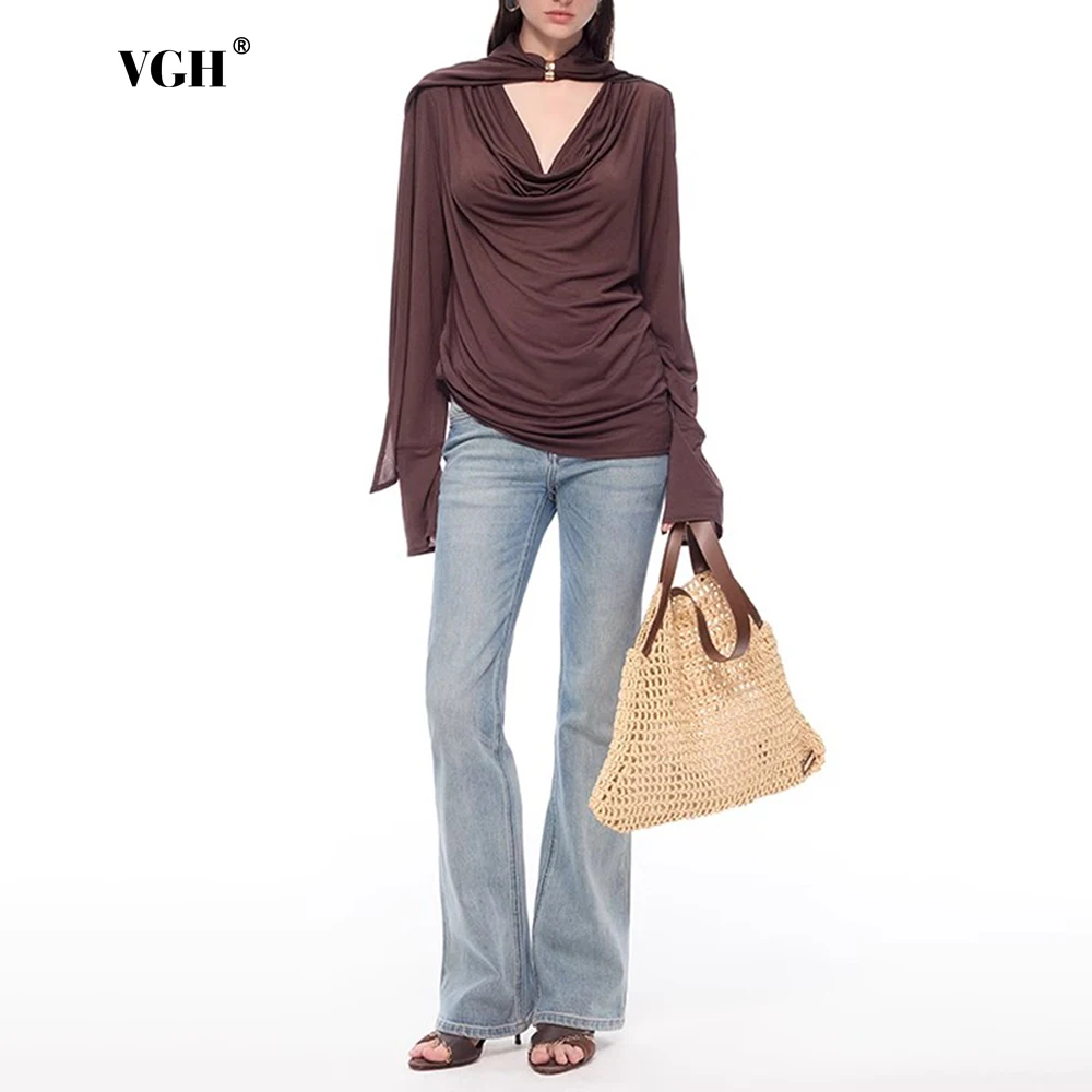 

VGH Solid Hollow Out Patchwork Ribbon Tees for Women Swing Collar Long Sleeve High Street Fashion T Shirt Female Spring Clothes