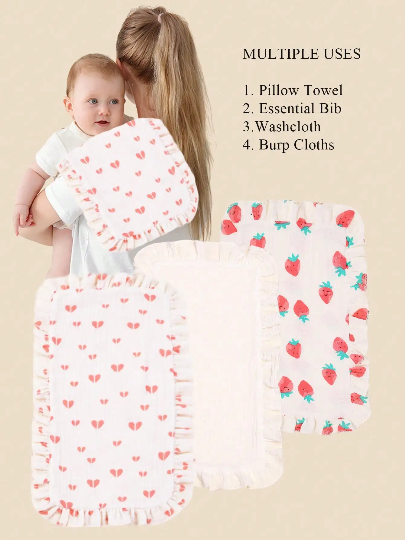 3Pcs/Set Soft Muslin Cotton Gauze Shoulder Rag Baby Burping Pad Ruffle Newborn Baby Heart white Burp Cloths for infant