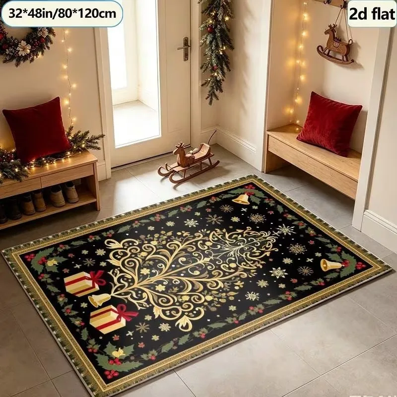 VIKAMA Black Gold Scroll Tree Bell Holly Area Rug Noise Reducing Machine Washable Entryway Cozy Christmas Holiday Home Decor