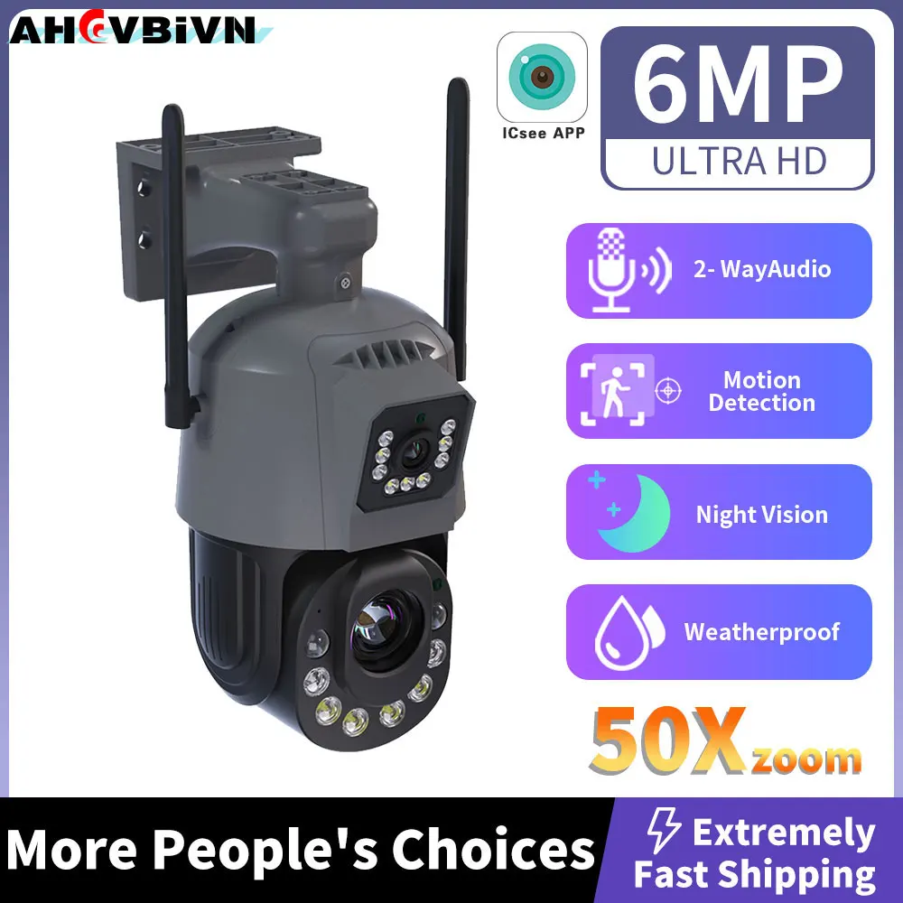 Outdoor Surveillance WiFi Camera 3K 6MP Dual Lens 50X Optical Zoom PTZ Human Detectio ICSEE Onvif 360° CCTV ICSee APP Camera