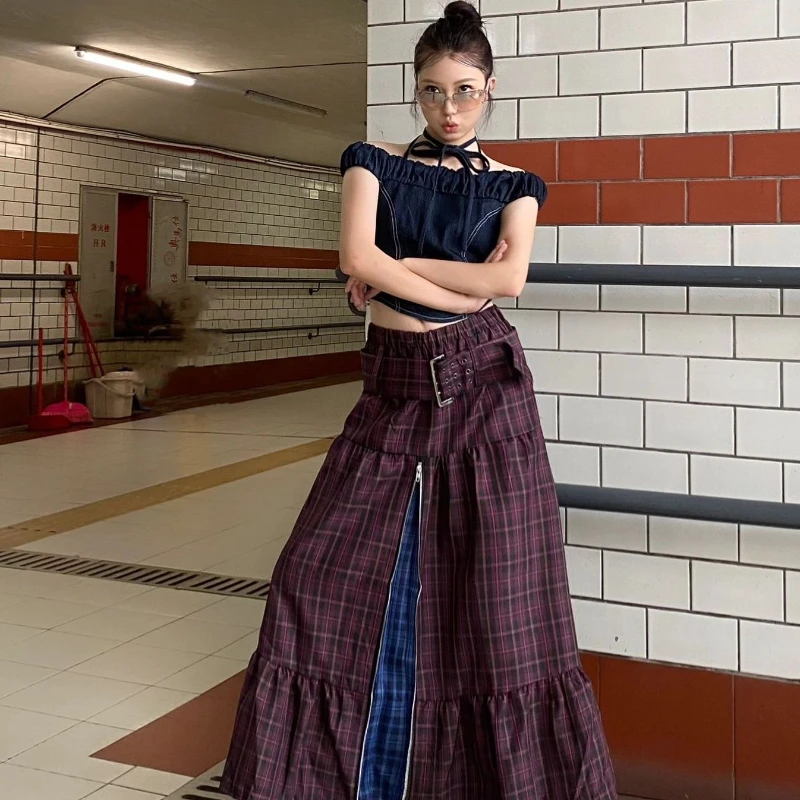 Deeptown Vintage Y2k Plaid Skirt Women Harajuku Gothic Ruffle Long Skirt Fashion Retro Punk Streetwear Aesthetics A-line Skirts