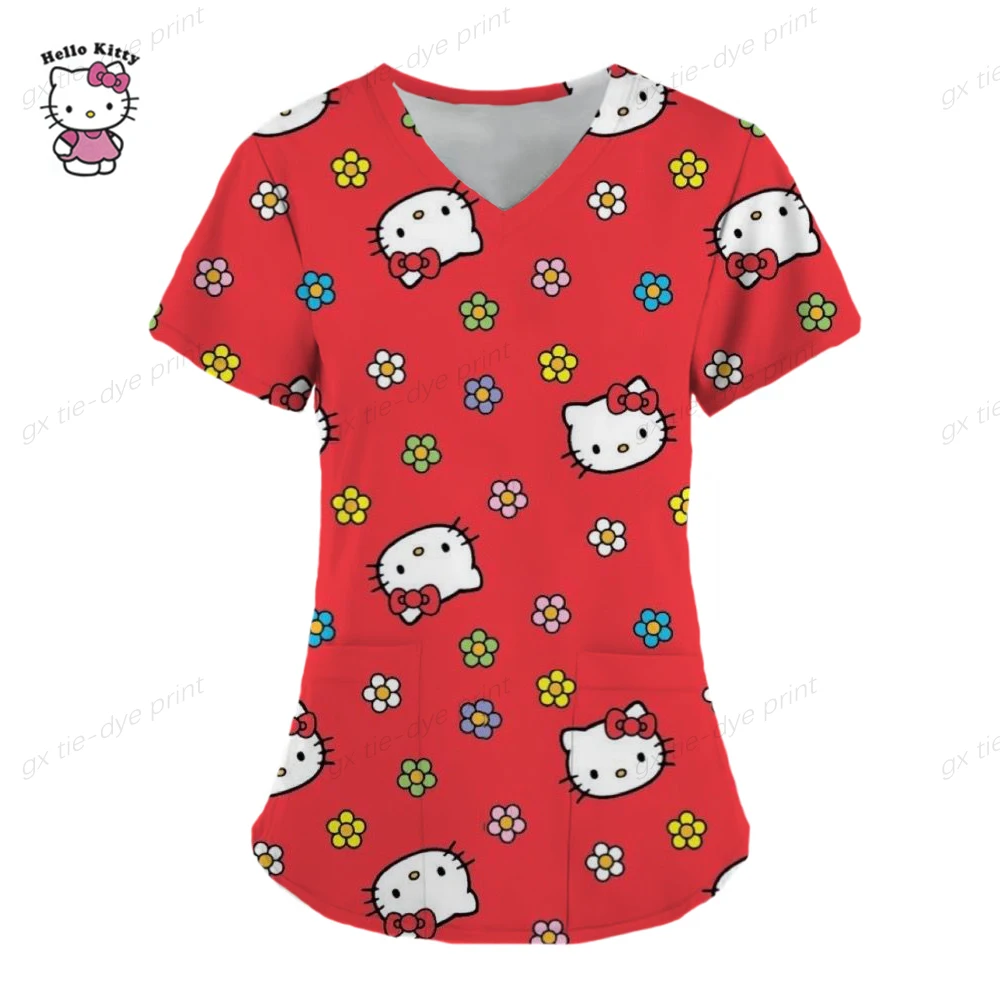 Summer T-shirts Pocket Tops Nurse Uniform Hello Kitty V Neck Woman Clothes Shirt Hospital T-shirt Top Women 2023 Tees Women's