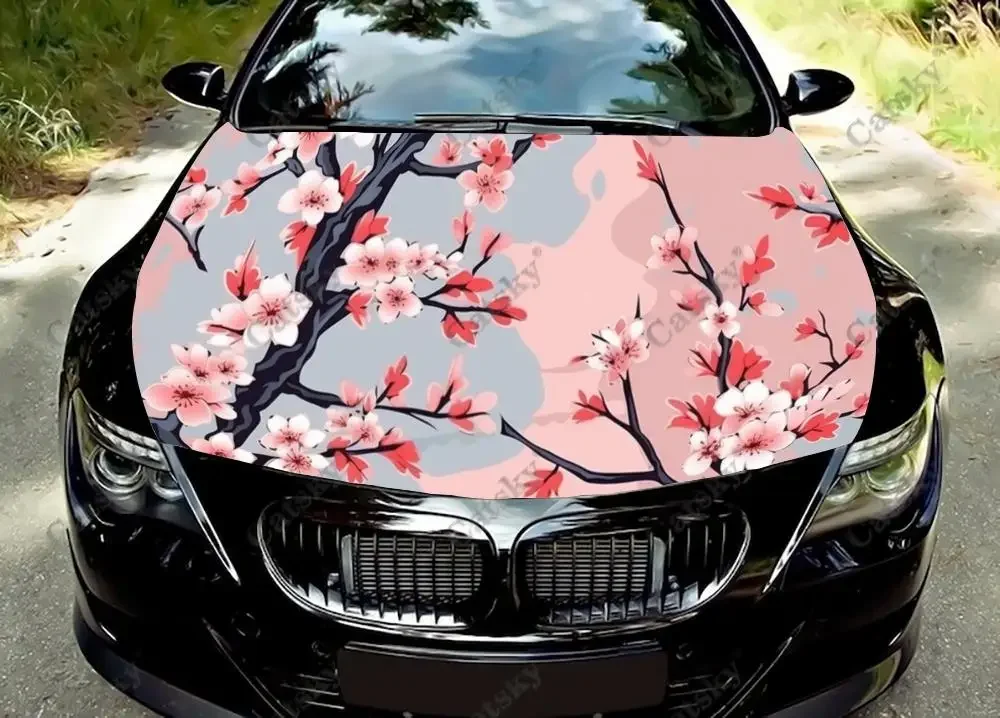 Cherry Tree Branch Car Hood Vinyl Stickers Wrap Vinyl Film Engine Cover Decals Sticker Universal Car Hood Protective Film