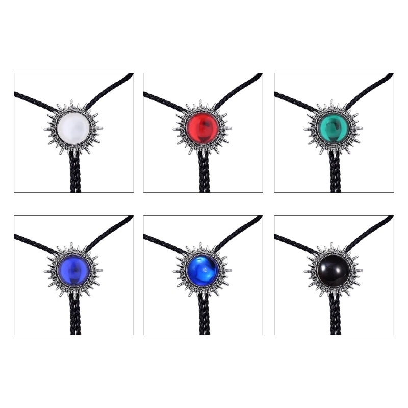 

Mens Women Bolo Tie Necktie Leather Braided Rope Necklace with Solar Shape Gem Stone Pendant Jewelry Cowboy Neckwear