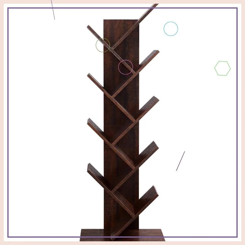 

9-Tier Corner Bookshelf, Space-Saving Tree Design for Books, CDs, Games in Bedroom, Living Room, Home Office, Walnut Color