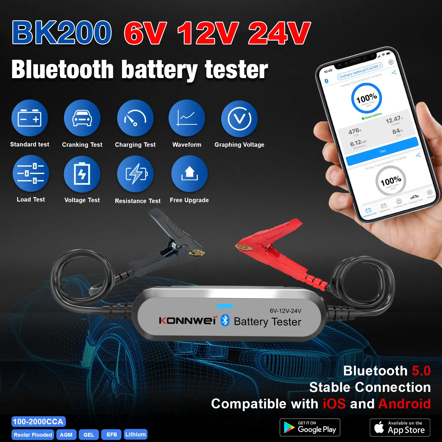 KONNWEI BK100 BK200 6V 12V 24V Bluetooth 5.0 Car Truck Battery Tester waveform Monitor 100-2000 CCA Charging Cranking Test Tools