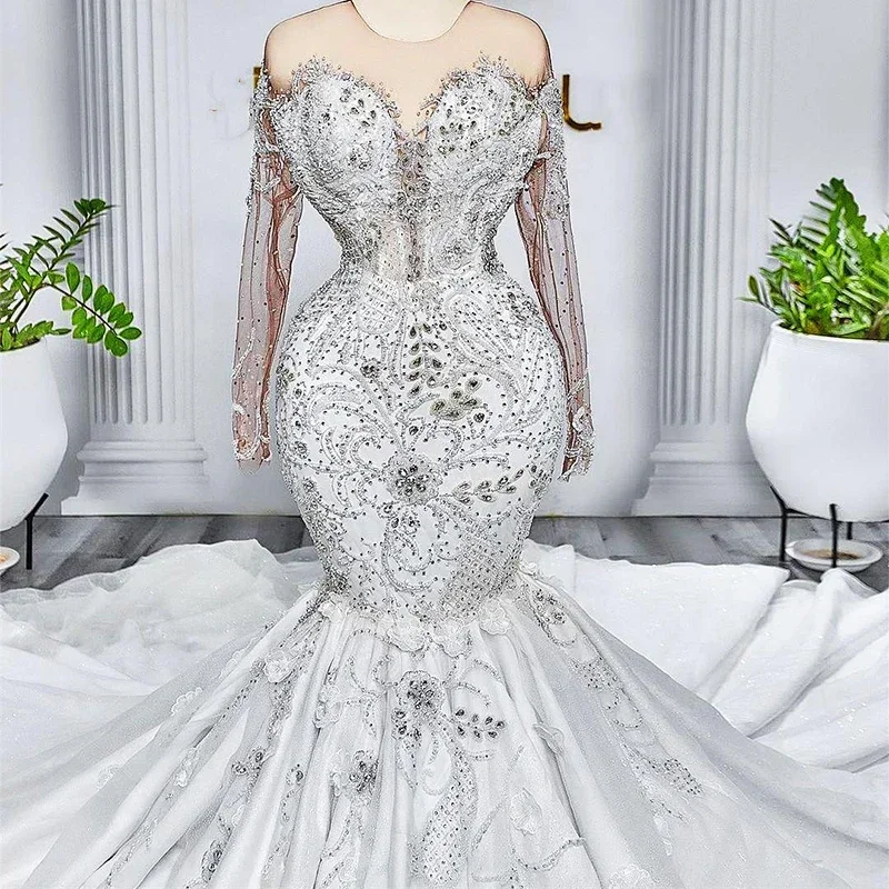 تخصيص الحديثة مغرفة الرقبة تسلق بلورات الخرز فستان الزفاف سويب تراين فيستدو دي نوفيا طويلة الأكمام صور حقيقية Brid
