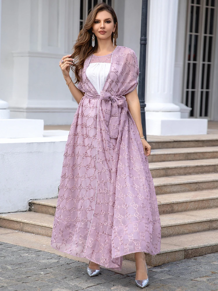 Eid Muslim Party Dress for Women 2 Piece Set Jalabiya Abaya Ramadan Long Dresses Abayas Woman Kimono Robe Caftan Vestidos 2024