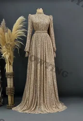 Sparkly Sequin Beaded Hijab Muslim Evening Dresses Arabic Dubai Long Sleeve High Neck Formal Party Gown Women Moroccan Caftan