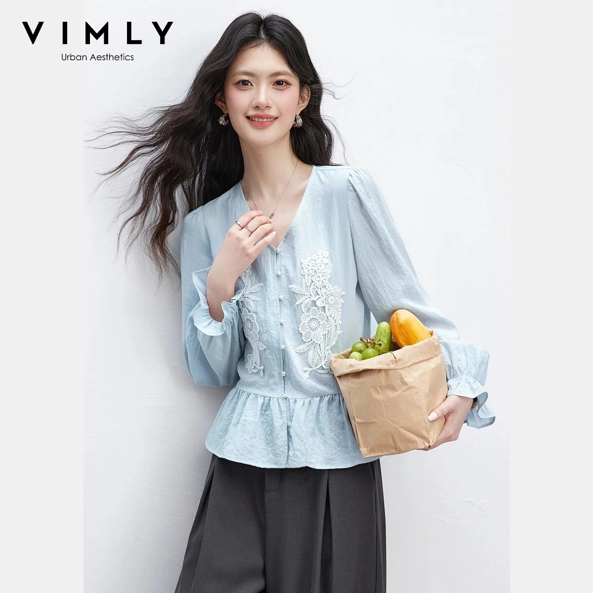 

VIMLY Women's Puff Sleeve Chiffon Blouse 2026 Spring New French V-Neck Lace Applique Ruffled Hem Fashion Casual Shirt A5083