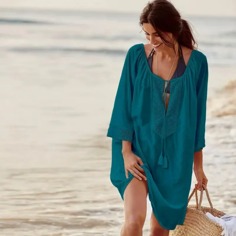 2024 Woman Swimwear Beach Cover up Beachwear Pareo Mini Dress Saida de Praia Bathing Tunics for Beach Women Swimsuit Cover-ups