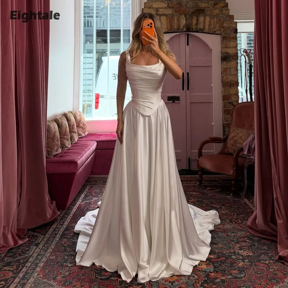 

Eightale арабское свадебное платье на заказ цвета слоновой кости на тонких бретельках атласное свадебное платье мусульманское вечернее платье трапециевидной формы для невесты