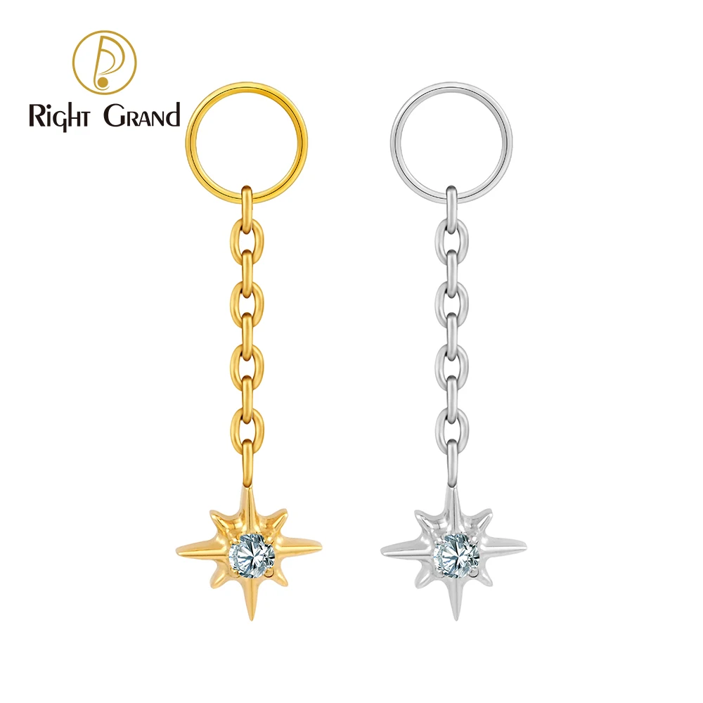 Right Grand Brinco Pendente com Pingente de Estrela (Pequeno) em Titânio ASTM F136 — Corrente e Conector Clicker para Piercings (Cartilagem, Hélix, Lóbulo, Conch) — Estilo Celestial