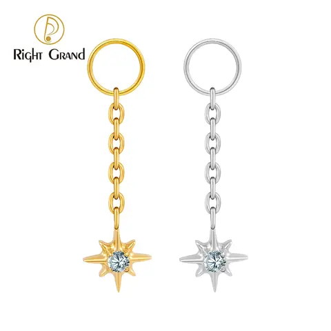 Right Grand Brinco Pendente com Pingente de Estrela (Pequeno) em Titânio ASTM F136 — Corrente e Conector Clicker para Piercings (Cartilagem, Hélix, Lóbulo, Conch) — Estilo Celestial