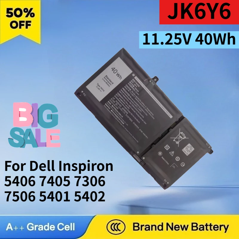 New JK6Y6 11.25V 40Wh Battery for Dell Inspiron 5406 7405 7306 7506 5401 5402 5409 5502 5508 H5CKD High Quality Laptop Battery