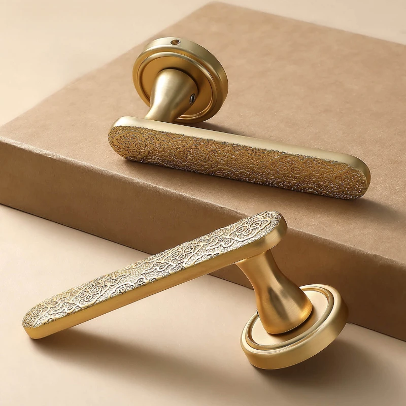 Brushed‑gold Copper Door Lock, Magnetic‑silent Indoor Handle Solid‑wood Bedroom Door, Complete Kit with Hinge