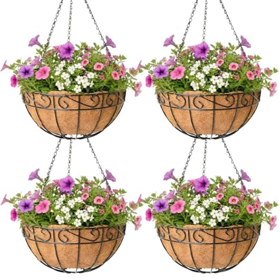 

4 Pack Hanging Planter for Outdoor Plants 14 inch Metal Hanging Flower Basket with Coco Coir Liner Round Wire Plant Holder Chai