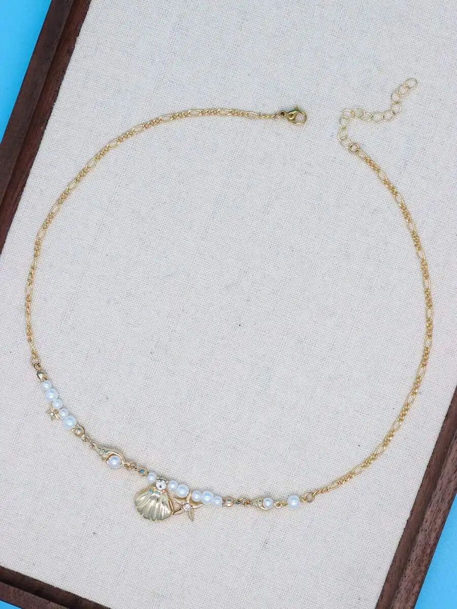 

Bohemian Shell And Starfish Pendant Faux Pearl Choker Necklace For Women