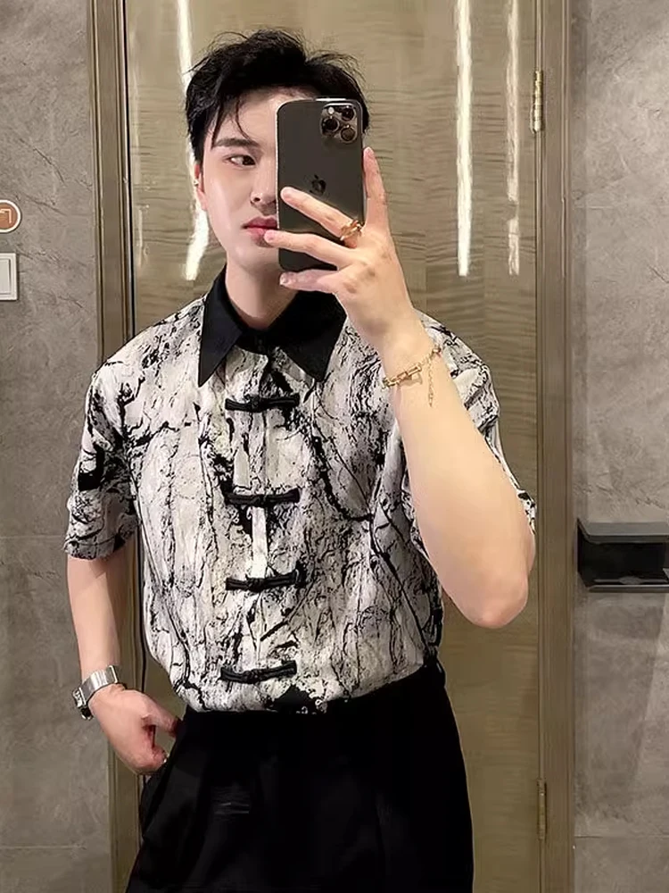 

New Chinese Sle Lightweight Ice Silk irt Men's Water Ink Print Button Design Drapey Haome f Sve High End Feeling