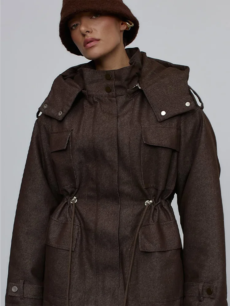 Kapuzenjacke mit Mehreren Taschen und Kordelzug für Damen, Streetwear-Stil mit Stehkragen, Epauletten, Langen Ärmeln, Locker Geschnittene Mäntel, Schicke Damen-Oberbekleidung – Detail 24