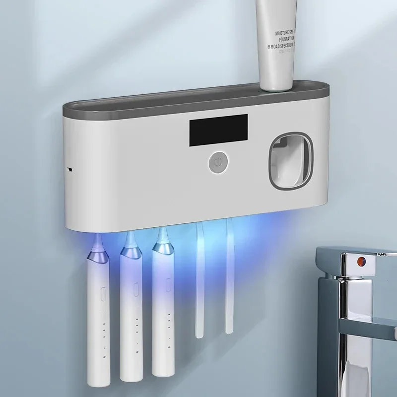 Toothpaste Dispenser Wall Mounted Toothbrush Holder Without Drilling Toothbrush Holder with 5 Brush Slots Toothbrush Organizer