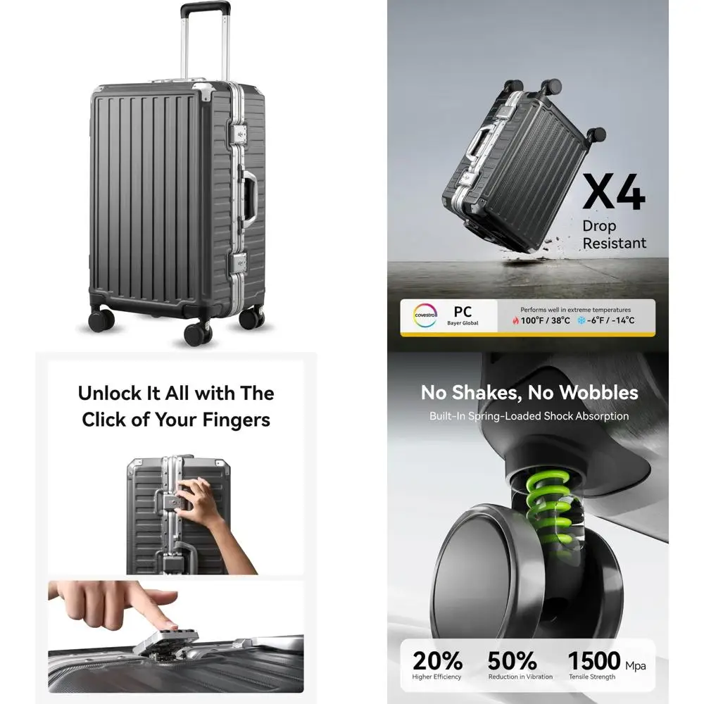 24 Inch Spinner Luggage with Aluminum Frame, Zipperless Polycarbonate Hard Shell Suitcase, Charcoal Metallic Finish