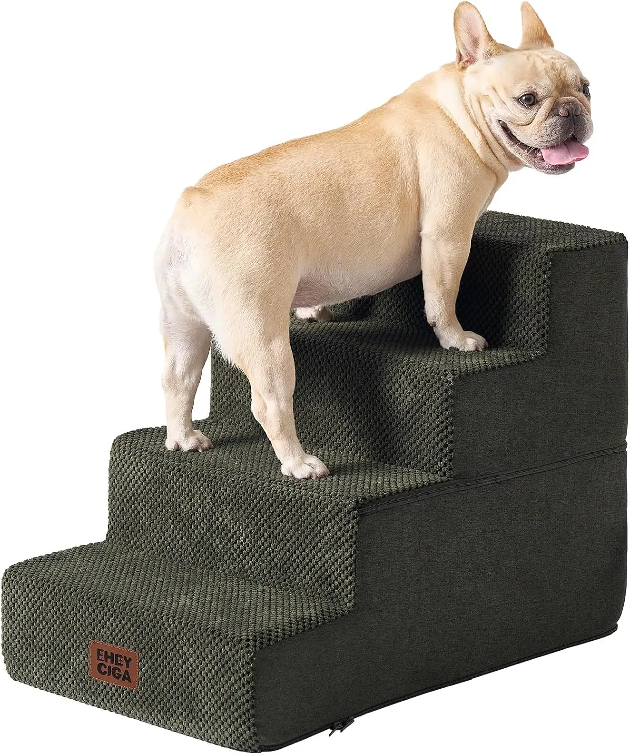 

4-Step Dog Stairs for High Beds, 18" H, Non-Slip Pet Ramp for Small Dogs & Cats, Foldable Foam Steps, Machine Washable Cover, Military Green