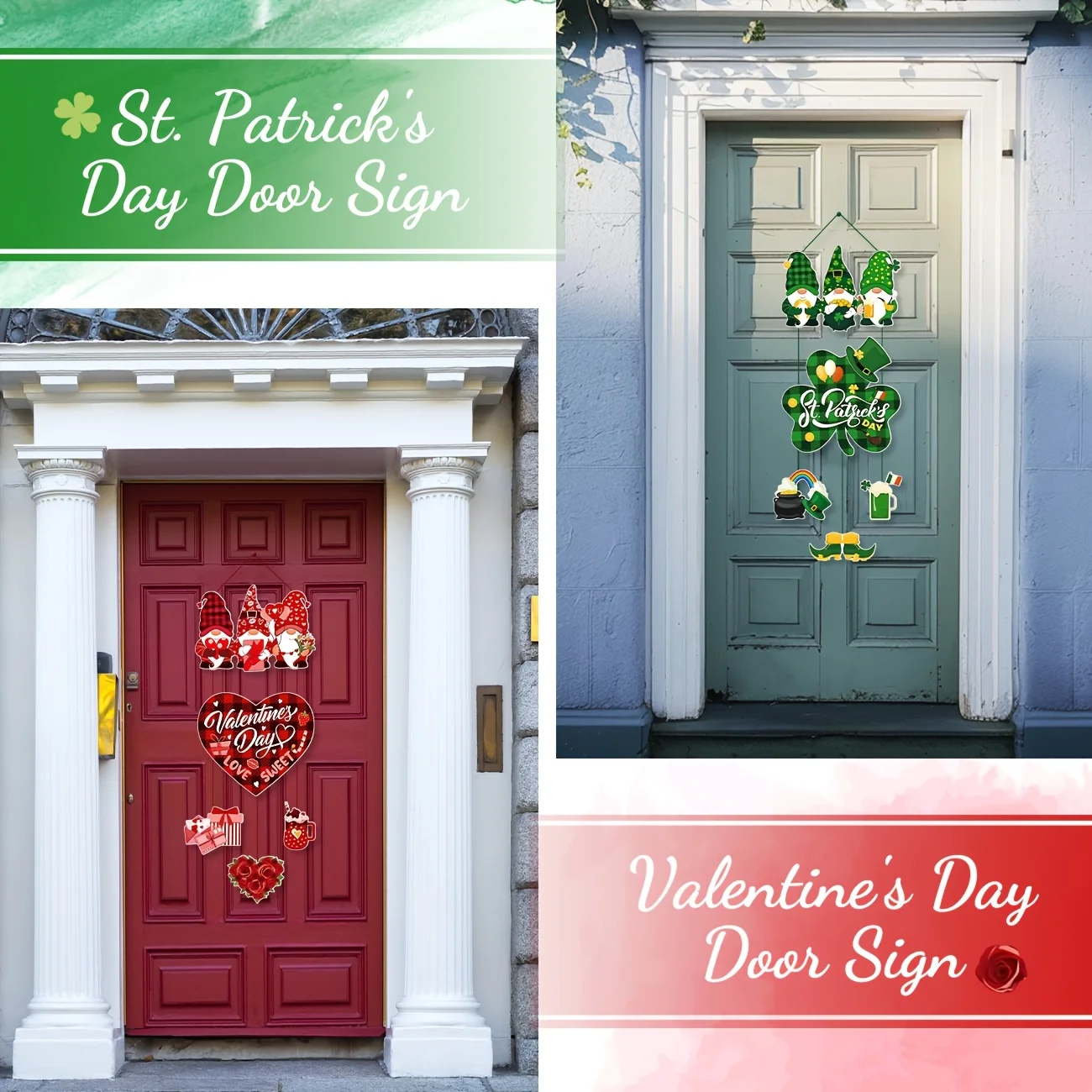 2 Pcs Valentine\'s Day St Patricks Day Decorations Valentines Day Door Sign Gnome Heart Shamrock Shaped Felt Hanging Signs for
