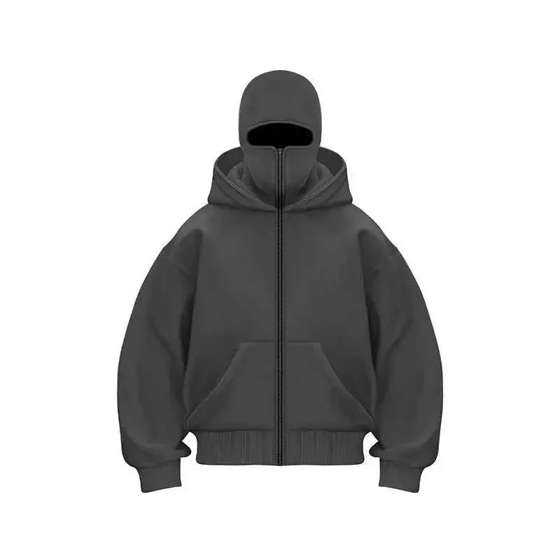 Unisex Y2K Gothic Harajuku Double Hooded Sweatshirt with Hooded Face Mask Zipper Design Winter Warm Casual Outdoor Sportswear