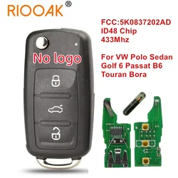 1/2/3/5pcs No logo 433MHz ID48 Chip Flip Remote Key 5K0837202AD for VW Polo Sedan Golf 6 Passat B6 Volkswagen Touran Bora