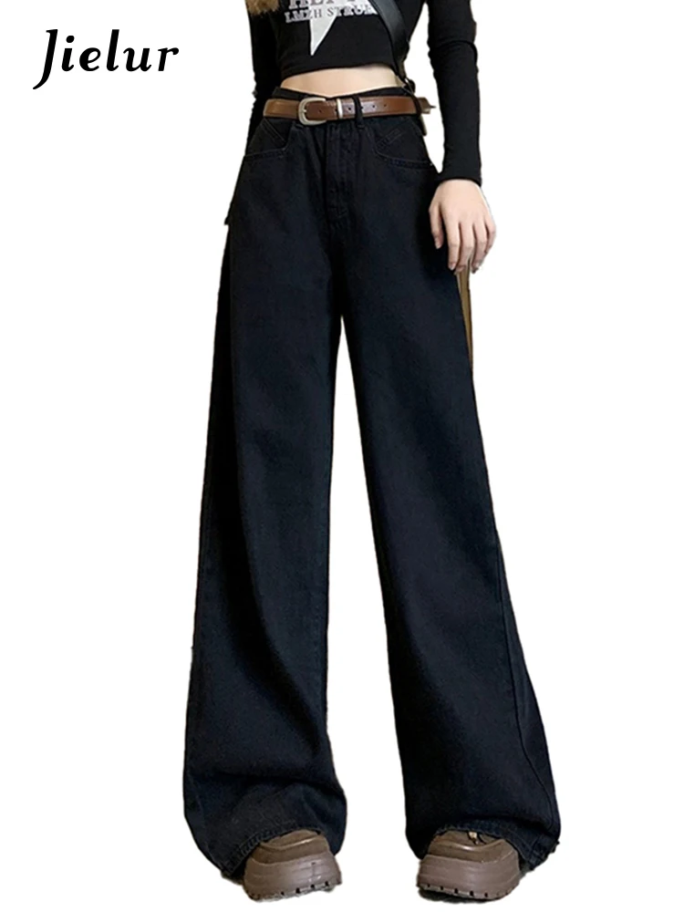 Imagem -06 - Jielur-calça Jeans Preta Solta de Cintura Alta Feminina Reta Comprimento Total Monocromático Casual Básico Feminina Perna Larga Escritório Novo