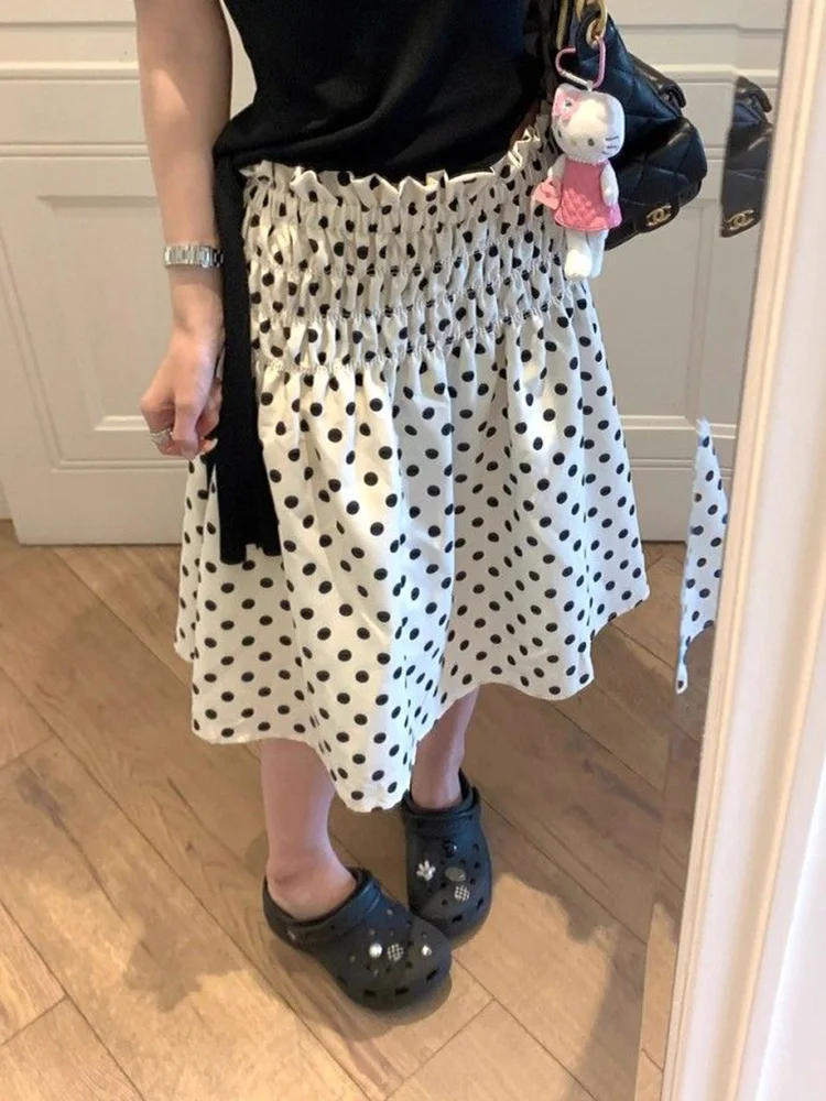 Fashion Sweet Dot Midi Skirt Women Korean Casual High Waist Elegant A Line Skirts Summer Chic Slim Female Preppy Style Skirt New