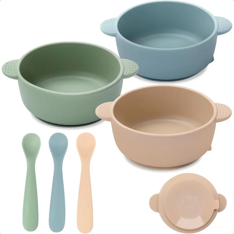 

Baby Bowls with Suction and Baby Spoons Set of 3 Silicone Stay Put Bowls and Feeding Spoons for Babies Toddlers BPA Free Microw
