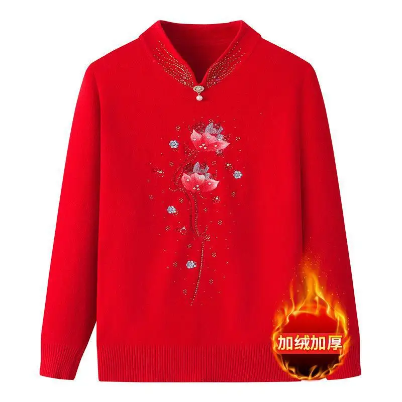 

Autumn Winter Women's Pullover Round Neck Solid Rivet Rhinestone Embroidery Long Sleeved Sweater Knitted Casual Elegant Tops