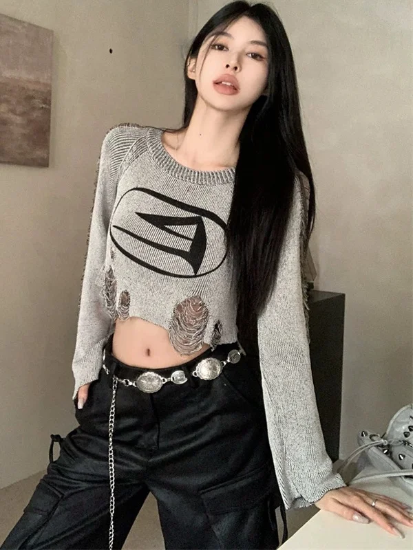 

Ретро-свитер в американском стиле для женщин: укороченный, облегающий, с длинными рукавами, с вырезами, в стиле «сладкая и острая девушка», корейский стиль