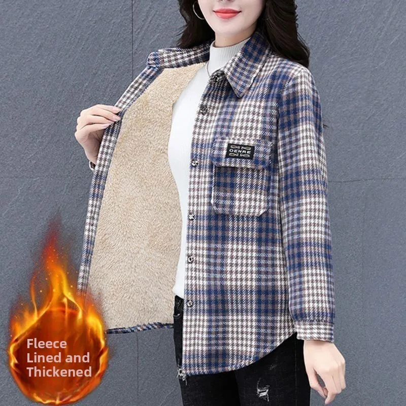 

Свободный универсальный топ на пуговицах с длинными рукавами, утолщенный флис, осенне-зимняя клетчатая рубашка, теплое пальто для мамы, большой размер