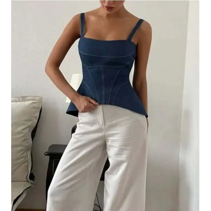 Sexy Slim Fit Denim Vest Top Women's Fashion Outerwear Sleeveless Shirt Chinese Style Spring Collection for Young Adults
