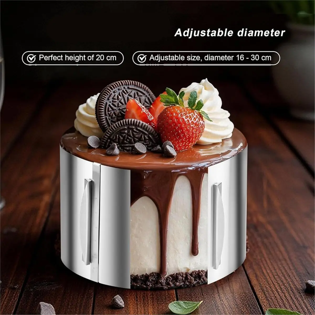 Multi-use Gear Extra-Tall (20 cm) Adjustable Cake Ring with Scale. Adjustable Stainless Steel Baking Ring (16-30 cm) ,for Baking