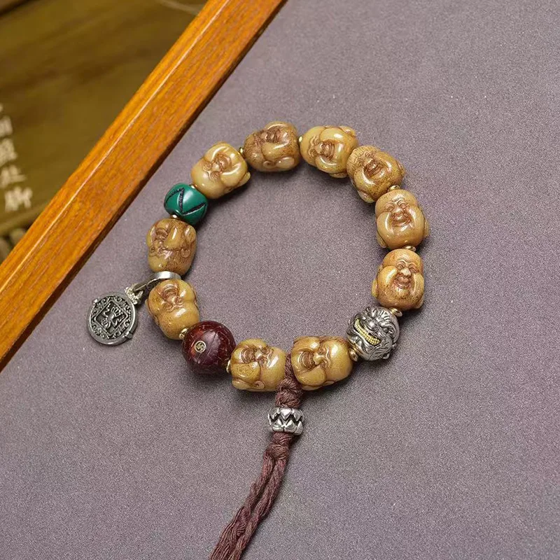 Backflow Bone Carving Maitreya Buddha Single-Wrap Bracelet Tibetan Crafts Feeder Bird'S Eye Bodhi Copper Clip Accessories