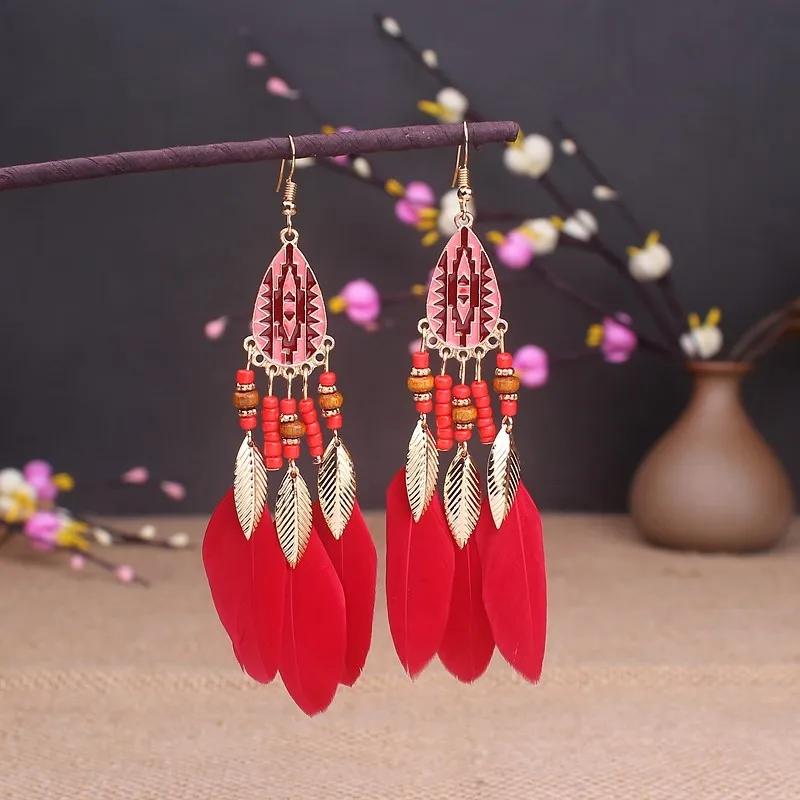 Boho Lange Feder Baumeln frauen Ohrringe Strand Lange Quaste Perlen Handgemachte Blume Emaille Ohrringe Braut Hochzeit Pendientes Mujer – Detail 10