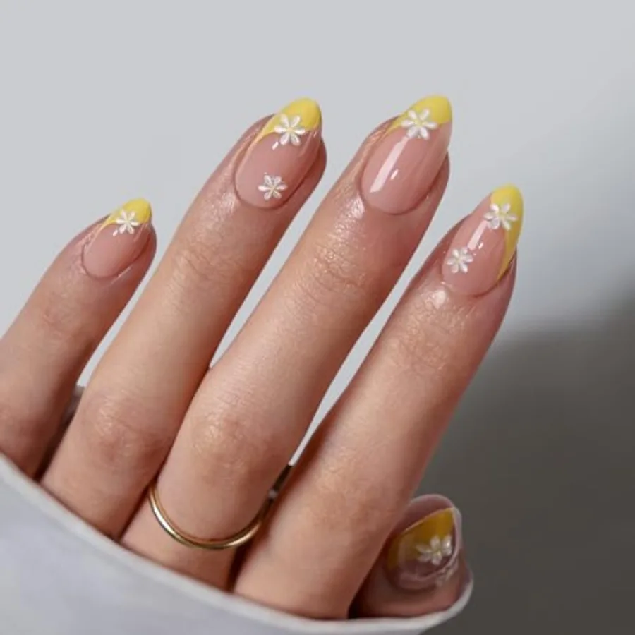 French Tip Press On Nails - Lamp-Curable Short Almond Press On Nails with Glue for Women, Semi-Transparent Soft Gel Glue On Nai