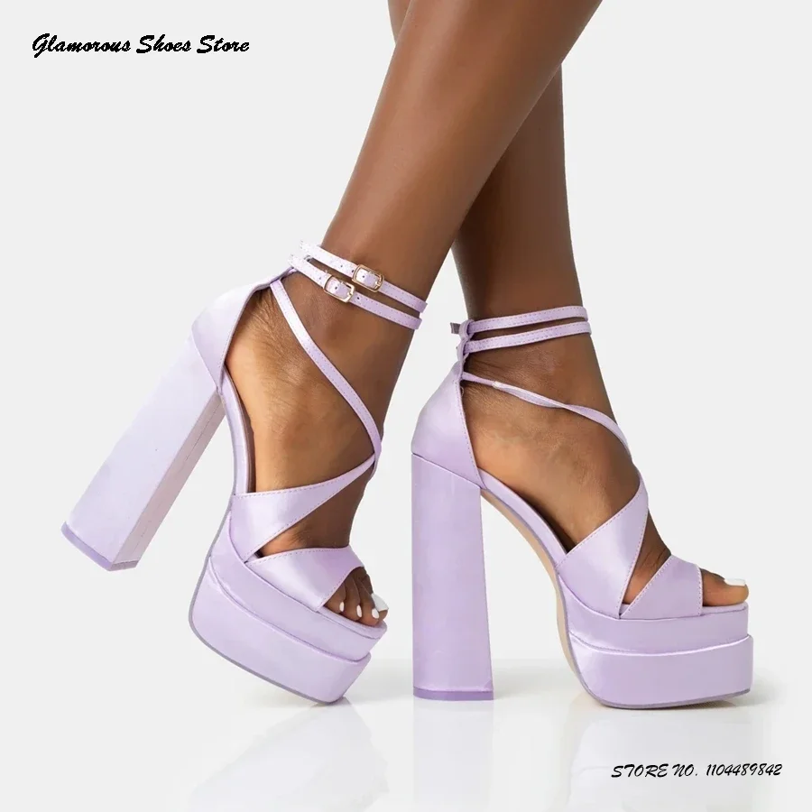 

Satin Double Platform Block High Heels Summer Square Open Toe Height Increasing Shoes Women's Fashion Party Prom Dress Sandals