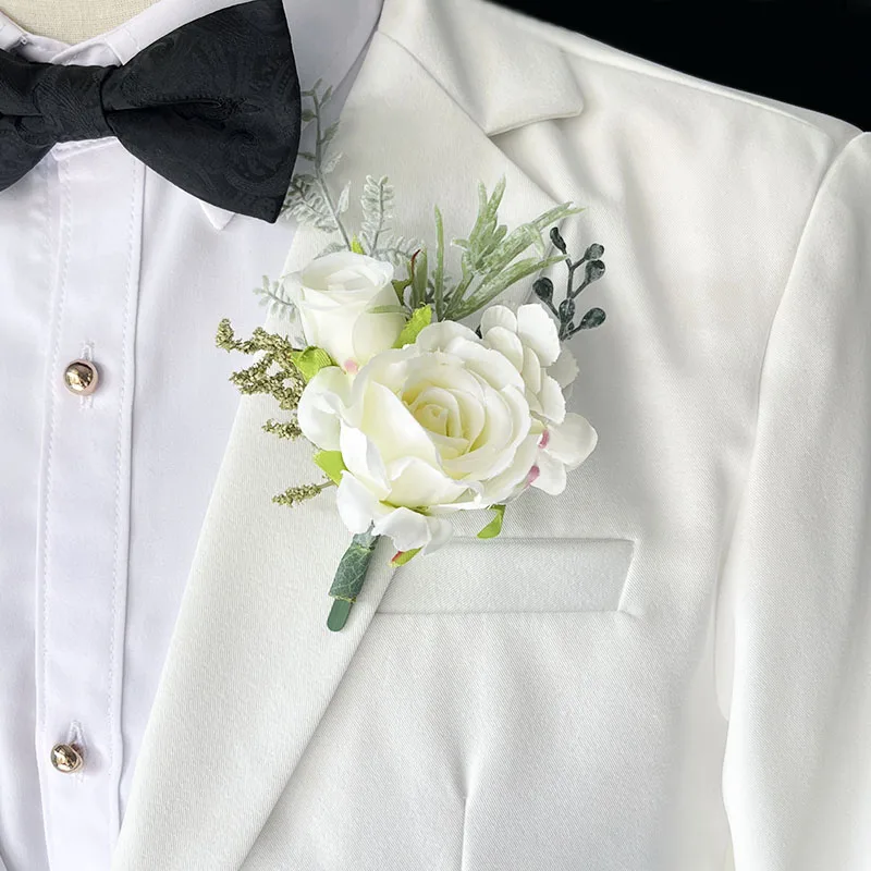 Boutonnière Blanche, Fleurs Artificielles de Corsage de Mariage, Bracelet Rose Rouge pour Demoiselle d'Honneur, Homme, Boutonnière, Invités, Accessoires de Mariage