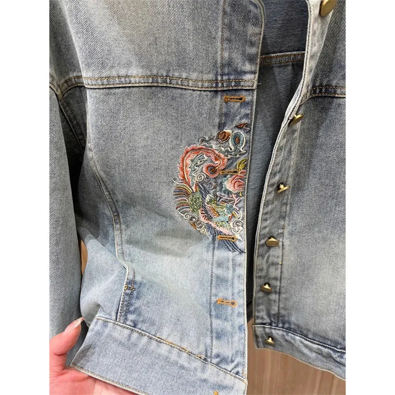Veste en jean à manches longues pour femme, vêtement d'extérieur de haute qualité, mode coréenne, simple boutonnage, manteau brodé de Cowboy, automne