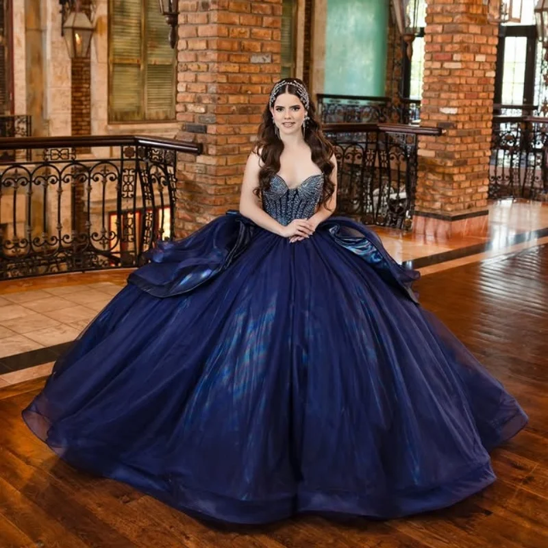 Customized Sea Blue Off Shoulder Quinceanera Dress sequin crystal Tull layering Long tail Bow vestidos de 15 Quinceanera