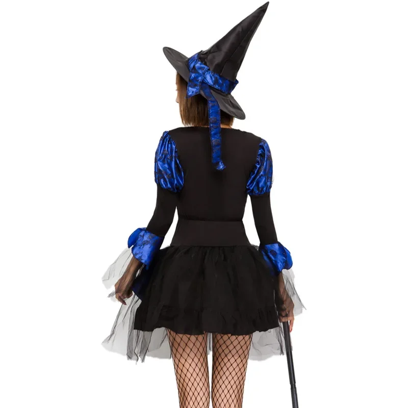 Fantasia-Disfraz de bruja con estampado azul y negro para mujer, traje de juego para fiesta de carnaval, Halloween, Purim