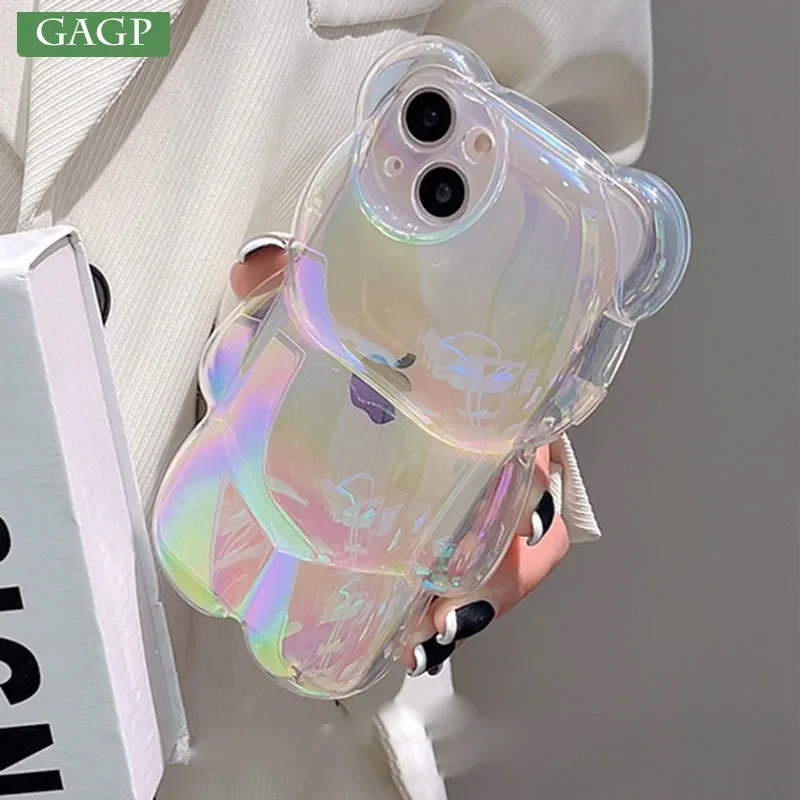 Ins Cute 3D Aurora Cartoon Bear Case For iPhone 11 13 12 14 15 ProMax Plus Colorful Laser Rainbow Gradient Shockproof Soft Cover