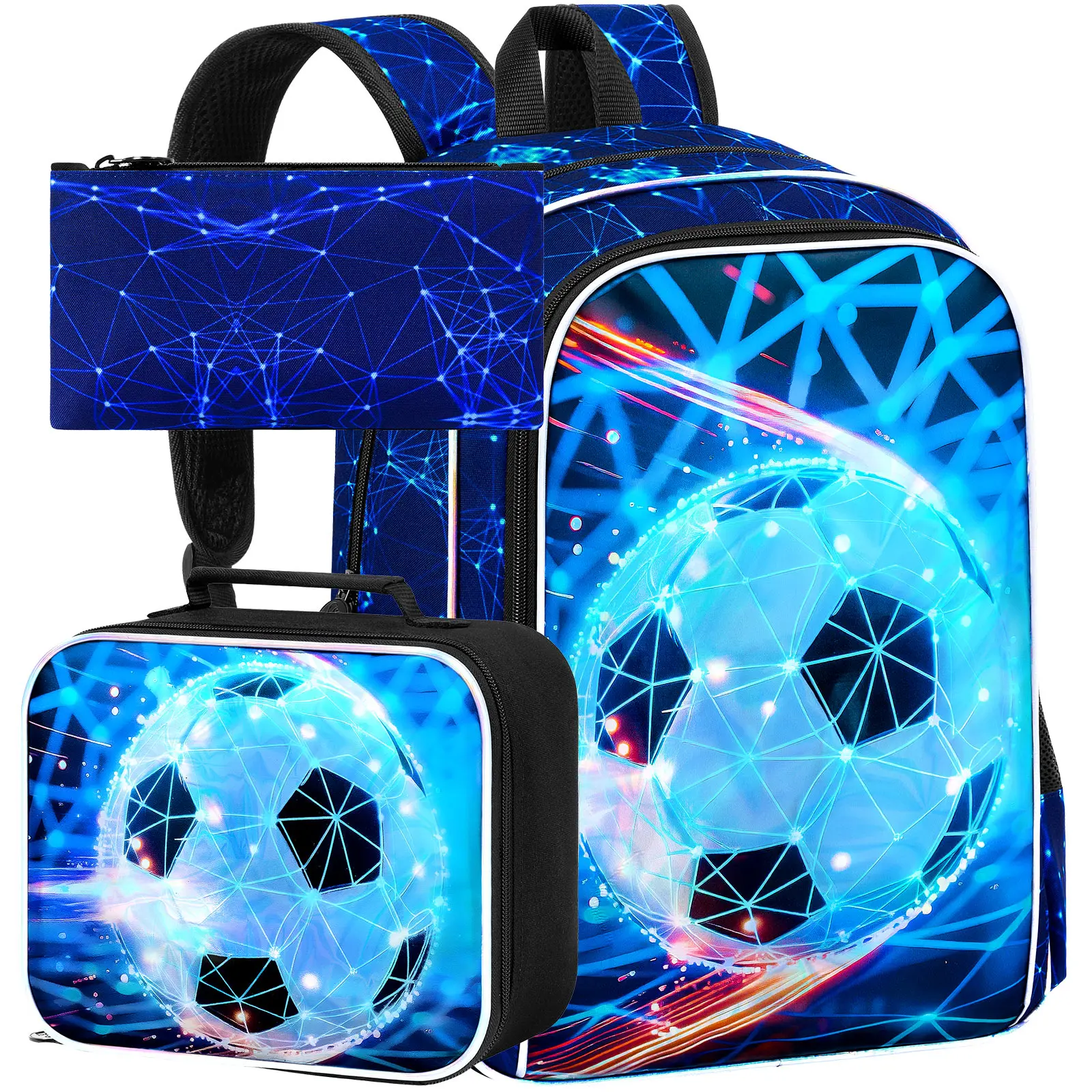 

3Pcs Soccer Backpack for Boys, 16" Kids School Bookbag with Lunch Box, Football Backpacks Set for Elementary(Blue)