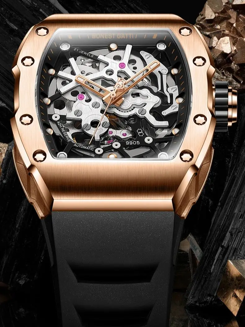 

BONEST GATTI автоматические механические наручные часы водостойкий скелетон корпус из нержавеющей стали часы с резиновым ремешком для мужчин