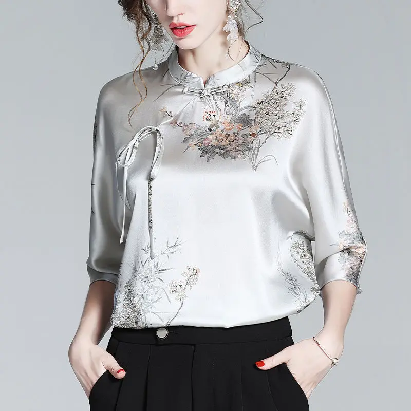 Summer Women\'s High Quality Satin Chinese Style Vintage Print Blouse Fashion Lace Up Stand Collar Shirt V Neck Half Sleeve Tops